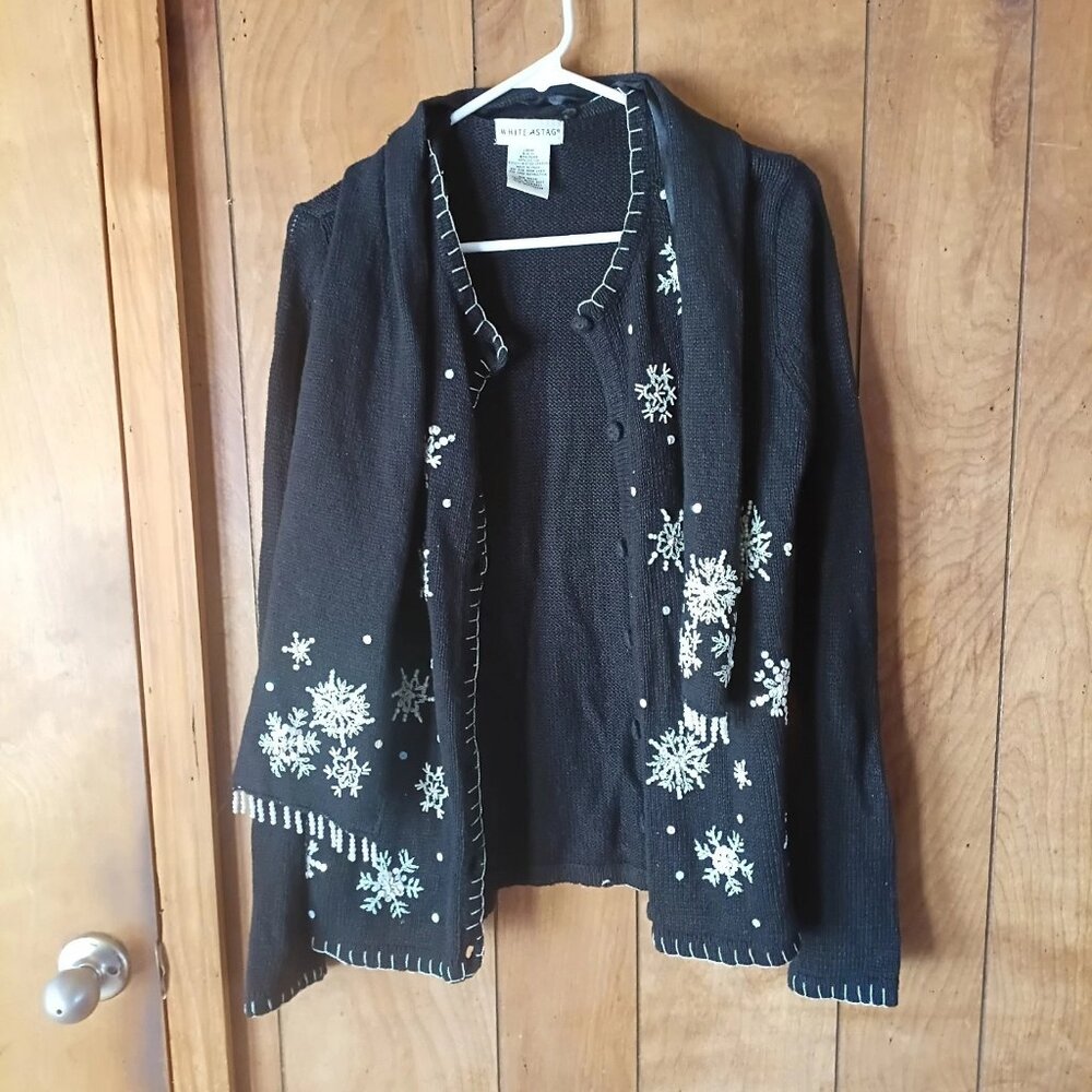 White Stag Snowflake Cardigan Sweater w/ Attached Scarf Beaded Sequin Medium